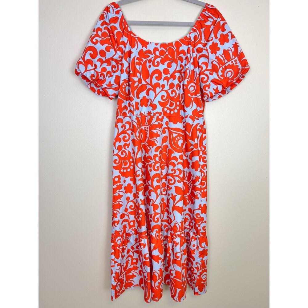 NWT Talbots Midi Dress Jacobean Poplin Puff Sleeve Ruffled Hem Size 8